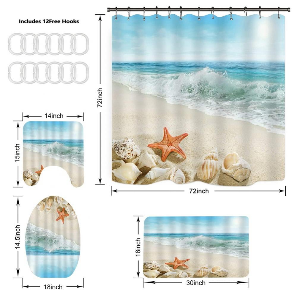 Ocean Starfish Beach Shower Curtain Set Shells Ocean Bathroom Set Waterproof  Shower Curtain with Hooks Toilet