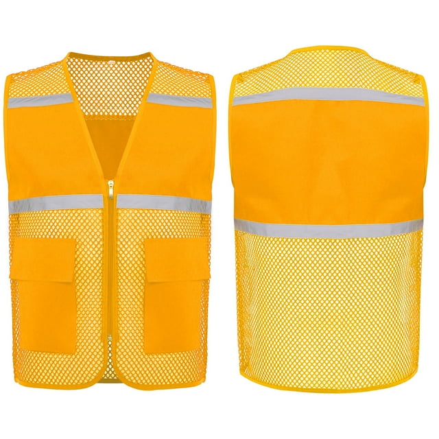 Moggemol Men Women Hi Vis Reflective Safety Vest with Pocket and Zipper High Visibility Mesh Top Earthy Yellow 185