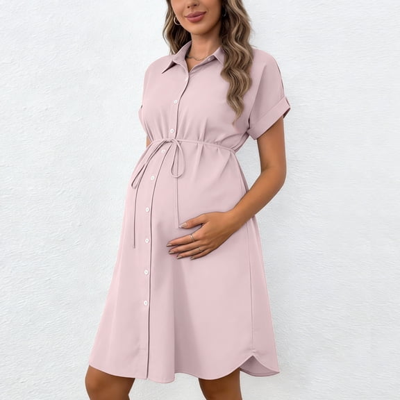 Crunowin Women's Maternity Dress, Elastic Belt Solid Color Lapel Button Short Sleeve Leisure Maternity Dress Pink XXL
