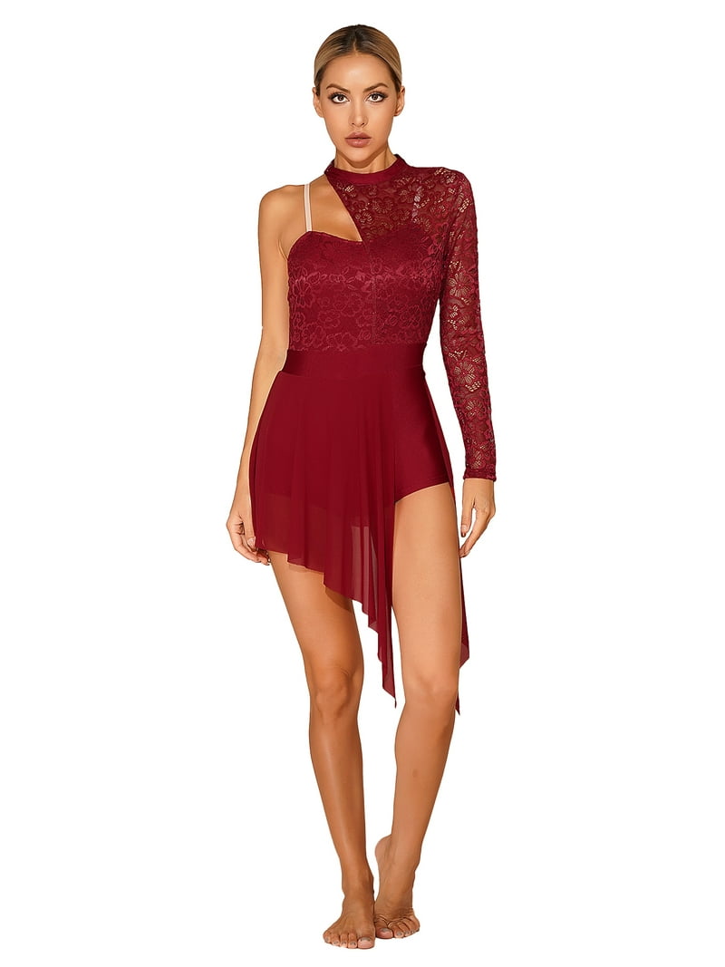 knee length dresses for ladies One Shoulder Long Sleeve Red Lace Mermaid Prom Dresses with Slit APD3373