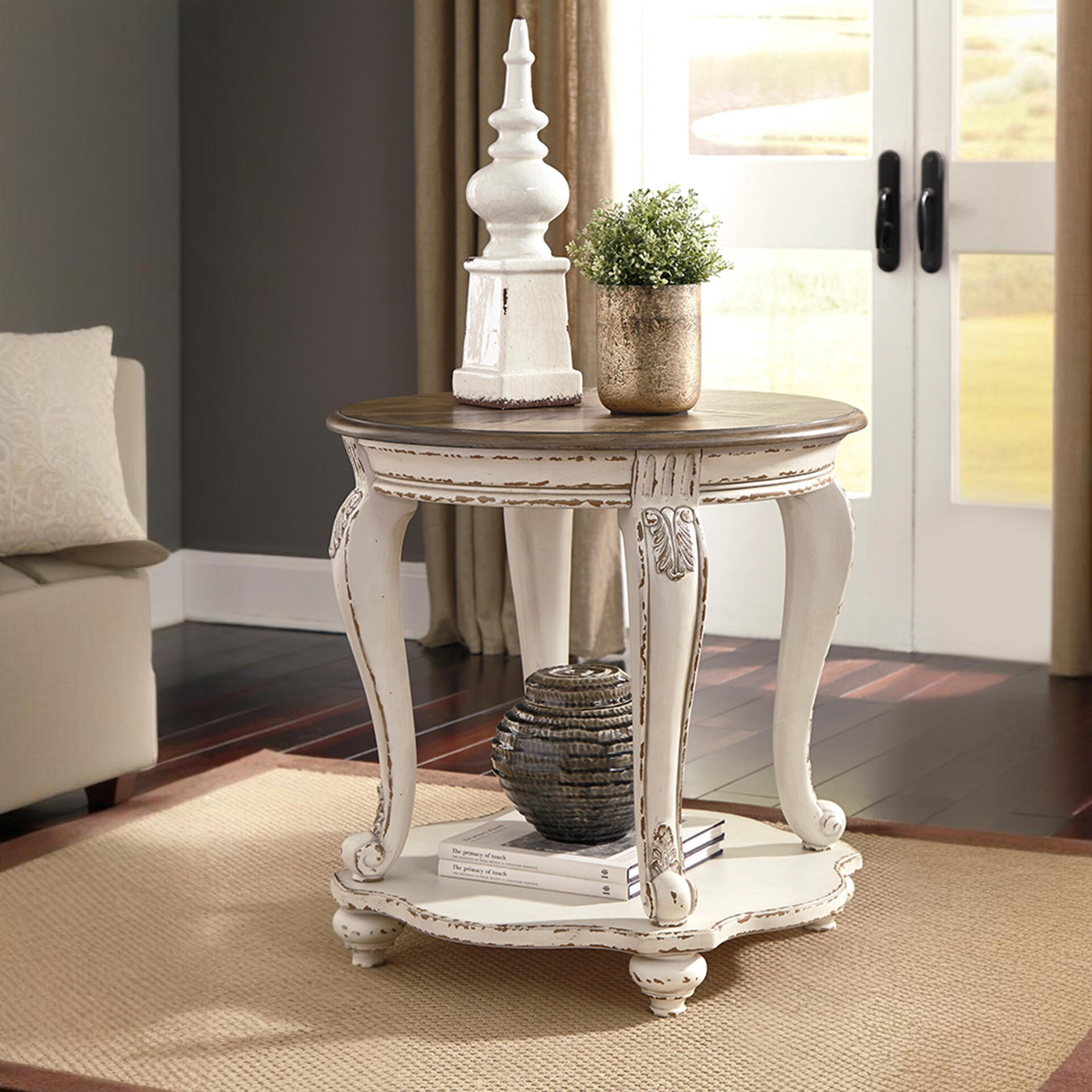 Signature Design by Ashley Realyn End Table, White and Brown Two-Tone Farmhouse Side Table with Fixed Lower Shelf