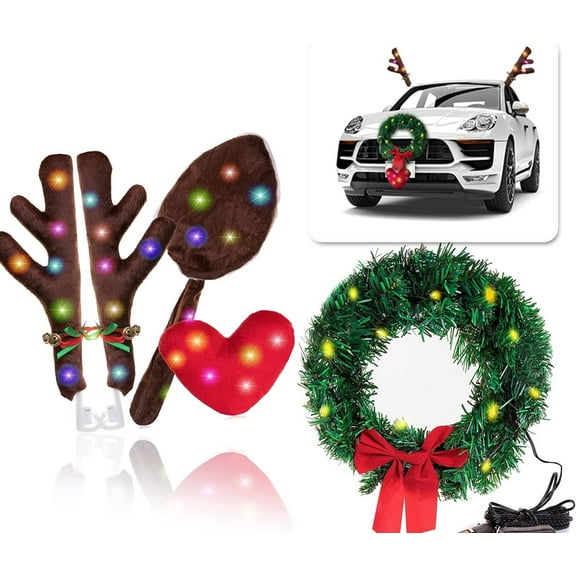 XiHuaZhaoChen Christmas Car Decoration Reindeer Antlers Kit with Nose Tail Christmas Wreath for Car Decor Automotive Exterior Accessories
