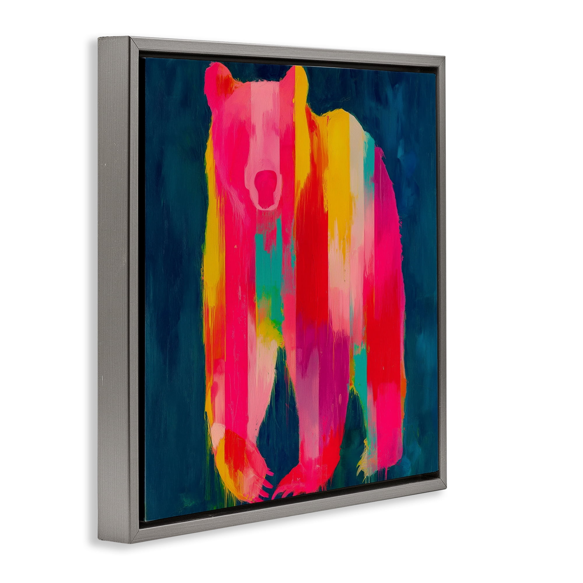 Stupell Industries Pink & Yellow Bear Standing Tall Gray Framed Floater Canvas Wall Art, design by Chromatic Storm Studio