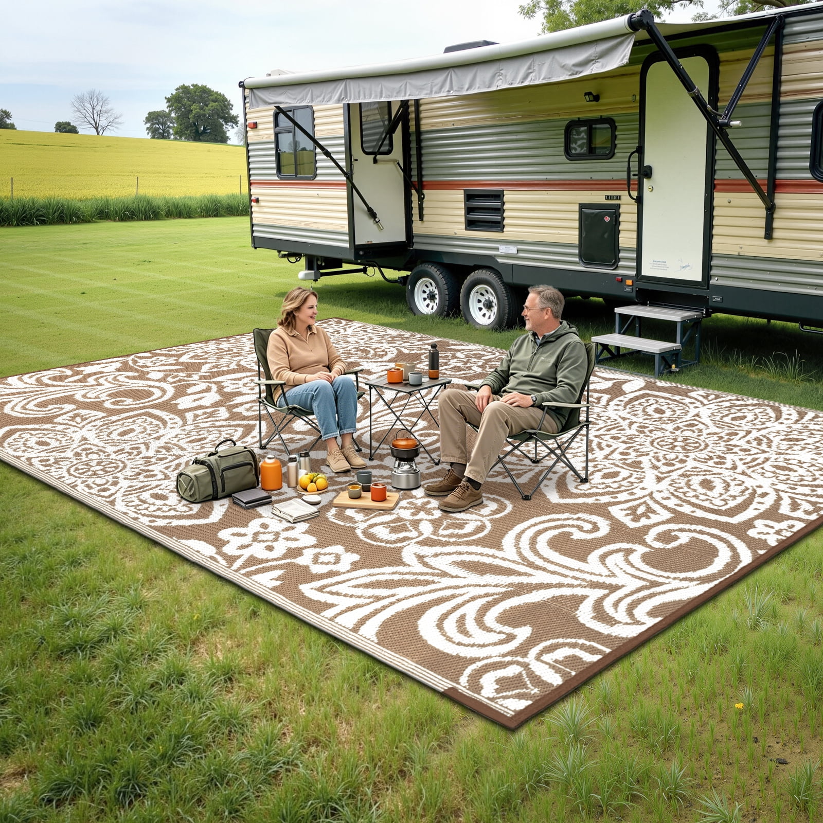 MJIAexp 6'x9' Brown Outdoor Rug Patio Rug Waterproof RV Outdoor Rug Camping Rugs Reversible Plastic Straw Rug Large Outdoor Mat for Camping, Balcony Apartment, Patio, Porch, Picnic, Beach