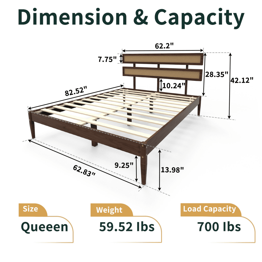 Tcbosik Platform Bed Queen Size, Bed Frame with Rattan & Wood Headboard for Bedroom, Wood Slats Support, Dark Walnut