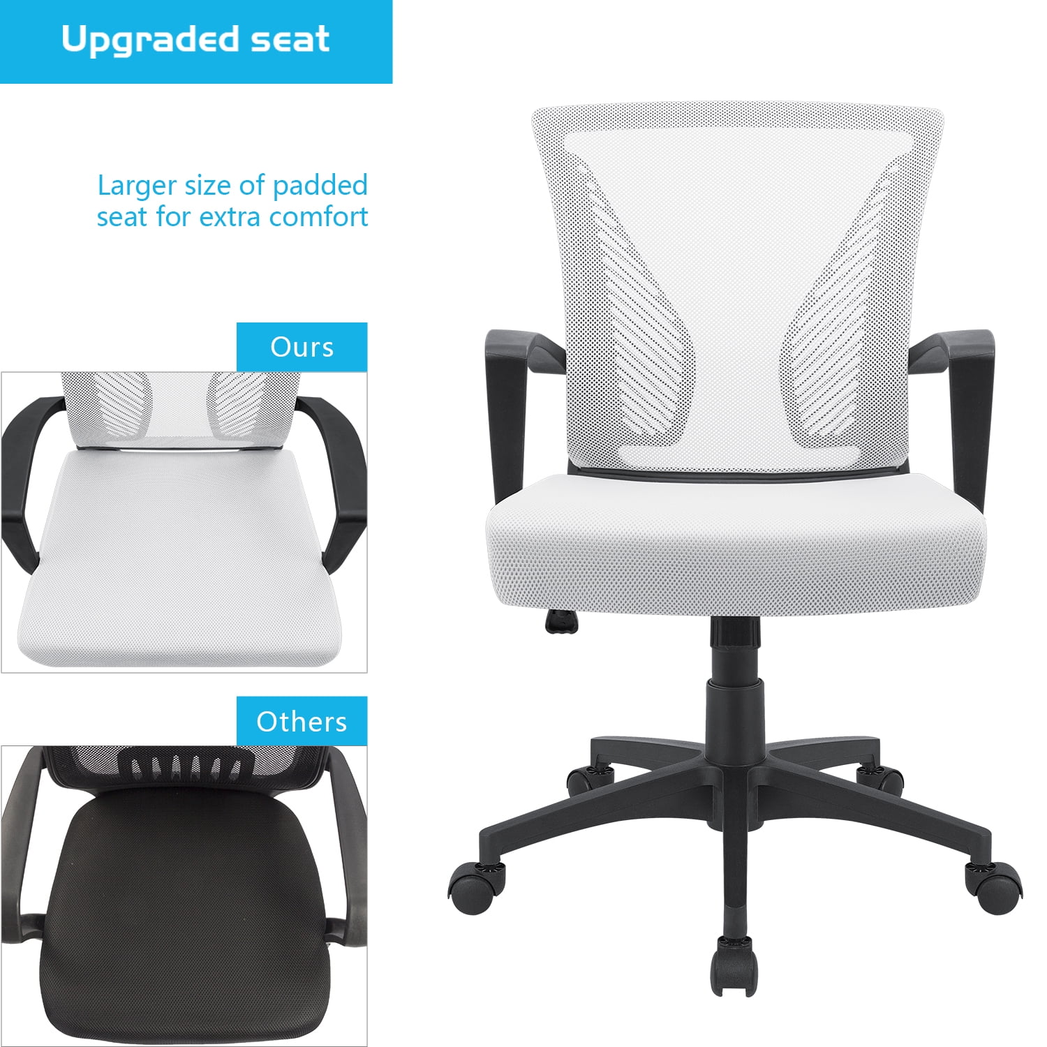 Lacoo Mid-Back Office Desk Chair Ergonomic Mesh Task Chair with Lumbar Support, White