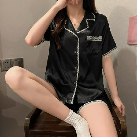 

DanceeMangoo 2 Pieces Faux Silk Satin Pajamas Set Summer Women Sleepwear Short Sleeve Nightwear Comfortable Girl Home Wear Sleepsuits