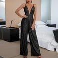 thumbnail image 2 of Sequins Jumpsuits for Women Sleeveless Deep V Neck Spaghetti Strap Wide Leg Long Rompers Dressy Jumpsuit Club Party Cocktail Outfits Black,XXL, 2 of 7