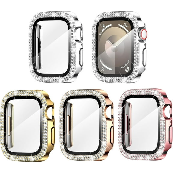 KOMI 4-Pack Bling Screen Protector for Apple Watch Series 9 8 7 45mm Case, Women Glitter Diamond Rhinestone Bumper Cover for iWatch Accessories 45 mm