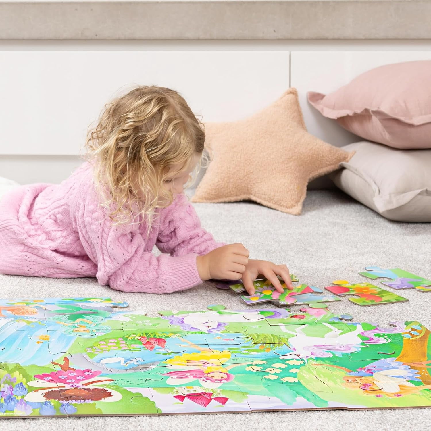 Crocodile Creek 36-Piece Jigsaw Floor Puzzle - Fun Floor Puzzles for Kids Ages 3-5 - Heavy-Duty Shaped Box for Storage - Magical Friends - 27" W x 20" H Finished