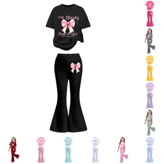 XAOFW Girls Outfits Short Sleeve Bowknot Graphic Tee Flared Pants Kids Girls Summer Autumn Cute Clothes Sets 9-10 Years