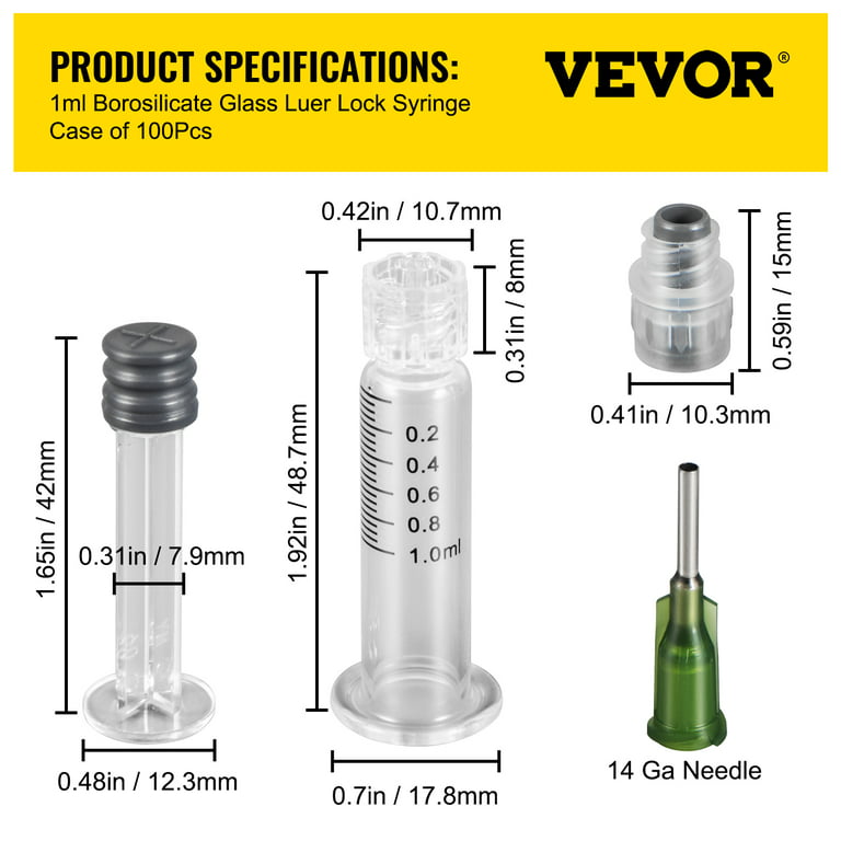 VEVOR 100 Pcs Borosilicate Glass Luer Lock Syringe, 1ml, Reusable Glass Syringes with 14 Ga Blunt Tip Needles, for Lab, Vet, Art, Craft, Thick Liquids