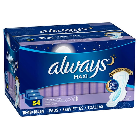 Always Maxi Extra Heavy Overnight Pads, Unscented, 54 Ct