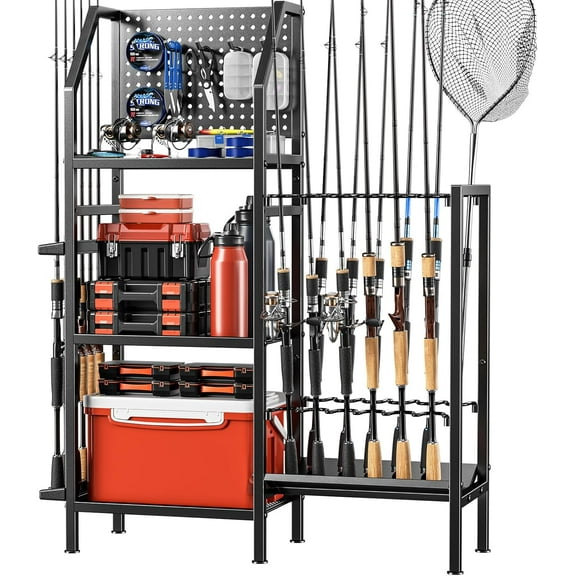 Fishing Rod Holders for Garage,Fishing Rod Rack Storage up to 18 Rods,3 Tier Adjust Heavy Duty Metal Fish Pole Stand Organizer with Pegboard for Fishing Gear and Equipment Accessories