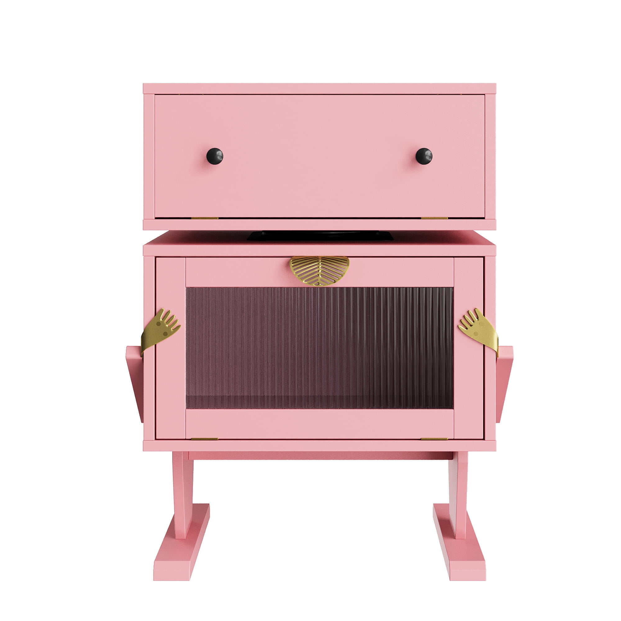 Heynemo Pink Nightstand with LED Light Strips 360° Rotating Drawer, Modern End Table with Glass Door Storage, Wood Bedside Table Cabinet for Living Room, Bedroom