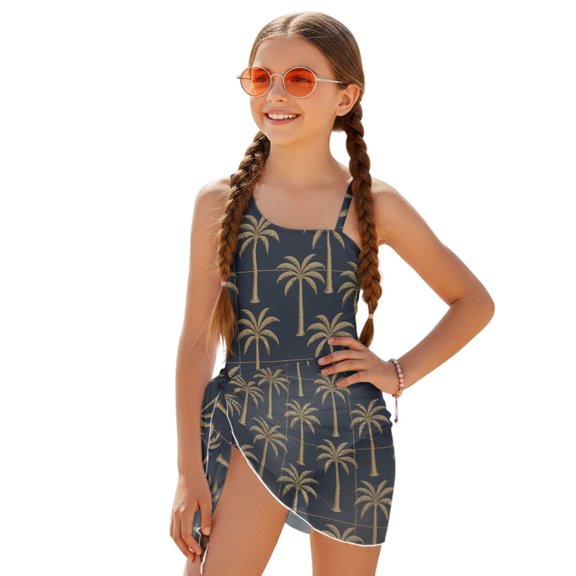 Whosucclay Golden Palm Tree Pattern Girls' One Piece Swimsuit with Cover Up, Mesh Cover Up Skirt Adjustable Straps One Piece Bathing Suit for Girls for Beach, 17-18 Years Old