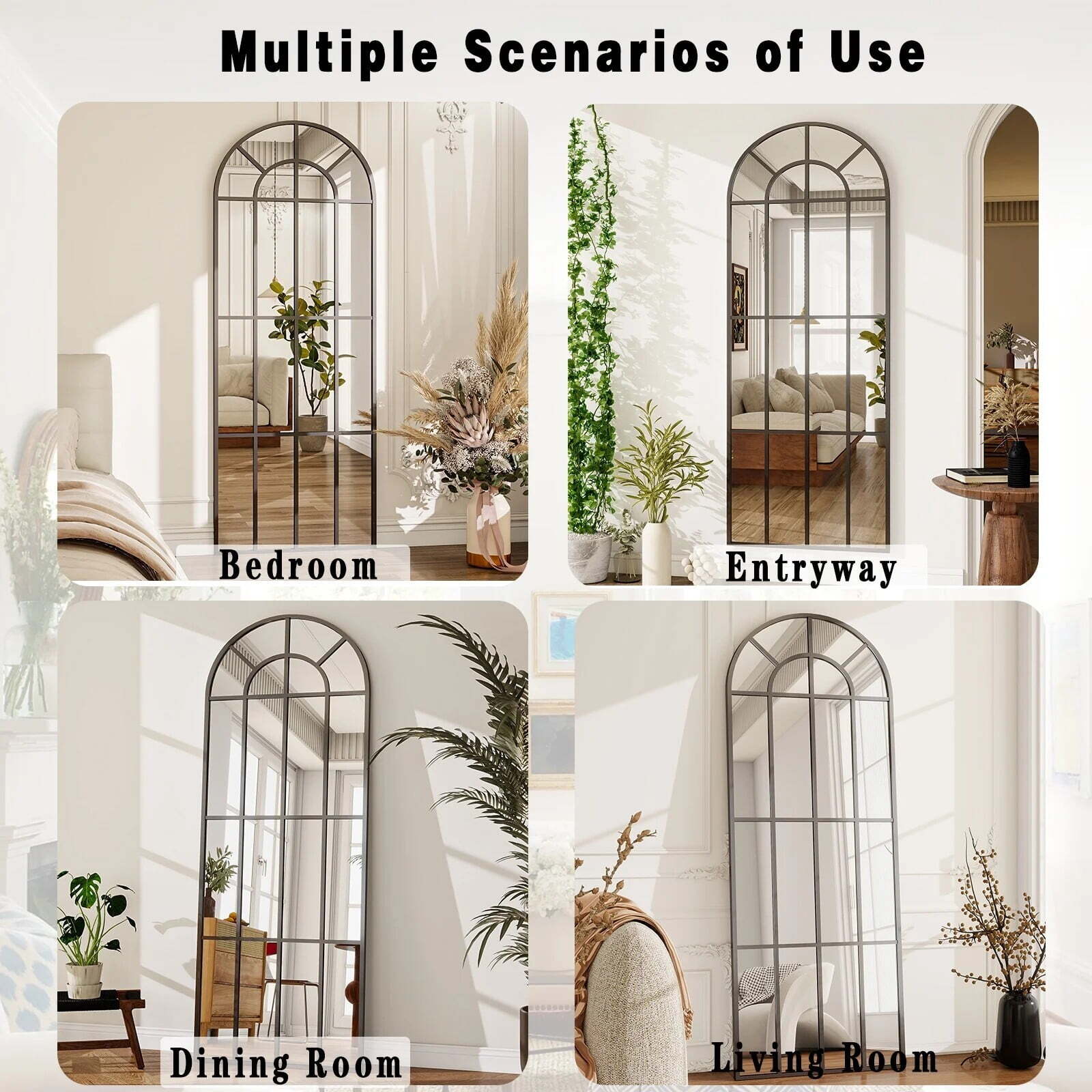 GRAHMCY 69" x 25" Arched Full Length Mirror Windowpane Mirror Full Body Floor Mirror, Black
