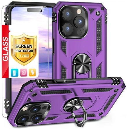 TJS for Apple iPhone 14 Pro Max Phone Case, with Tempered Glass Screen Protector, Impact Resistant Metal Ring Magnetic Support Kickstand Drop Protector Cover for iPhone 14 Pro Max (Purple)