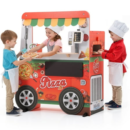 Wooden Pizza Food Truck Activity Center for Kids, 3  | Play Kitchen for Kids with Wooden Play Food, Ice Cream Cart, Toy Kitchen Sets, Toddler Kitchen Playset, Pretend Play Food Truck Playset, Red