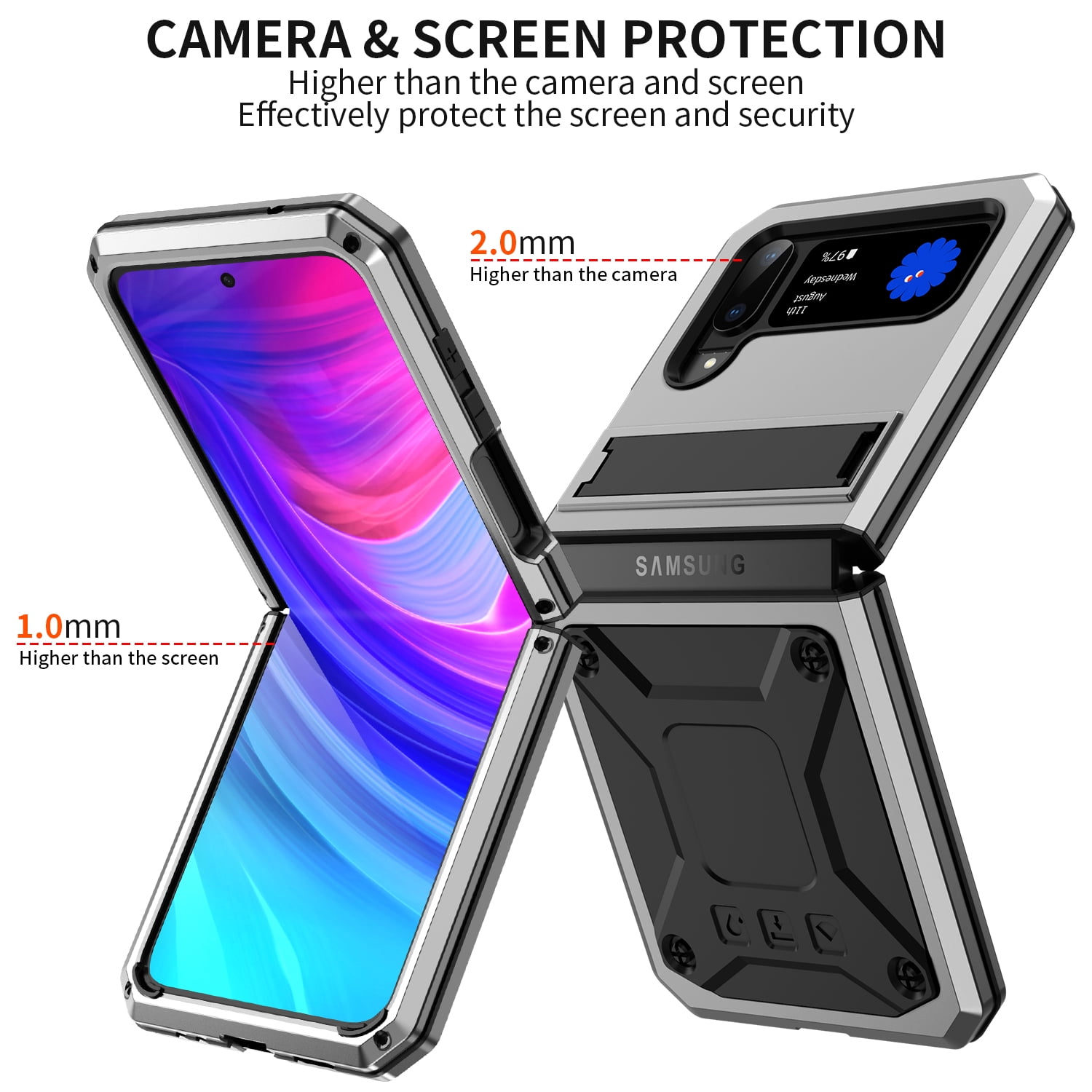 ELEHOLD for Samsung Galaxy Z Flip 4/3 6.7" Case, Heavy Duty Armor Built-in Explosion-Proof Tempered Glass Screen Protector Wireless Charging Hang Rope Hidden Kickstand Shockproof Rugged Case,Silver