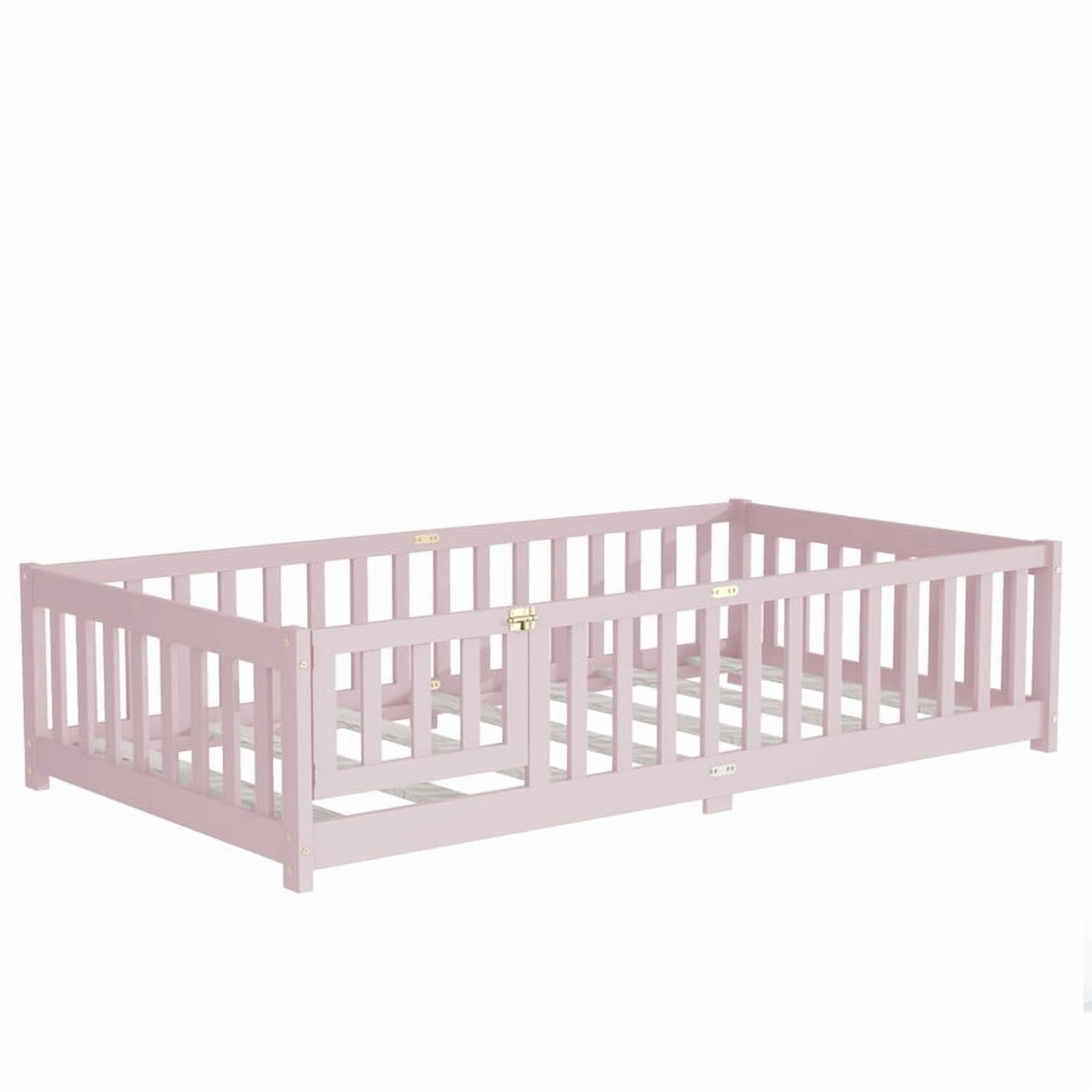 Mirightone Twin Size Floor Bed , Wood Montessori Floor Beds with Fence Railings, Door & Slats Support, Twin Playhouse Bed Frame, (Pink)