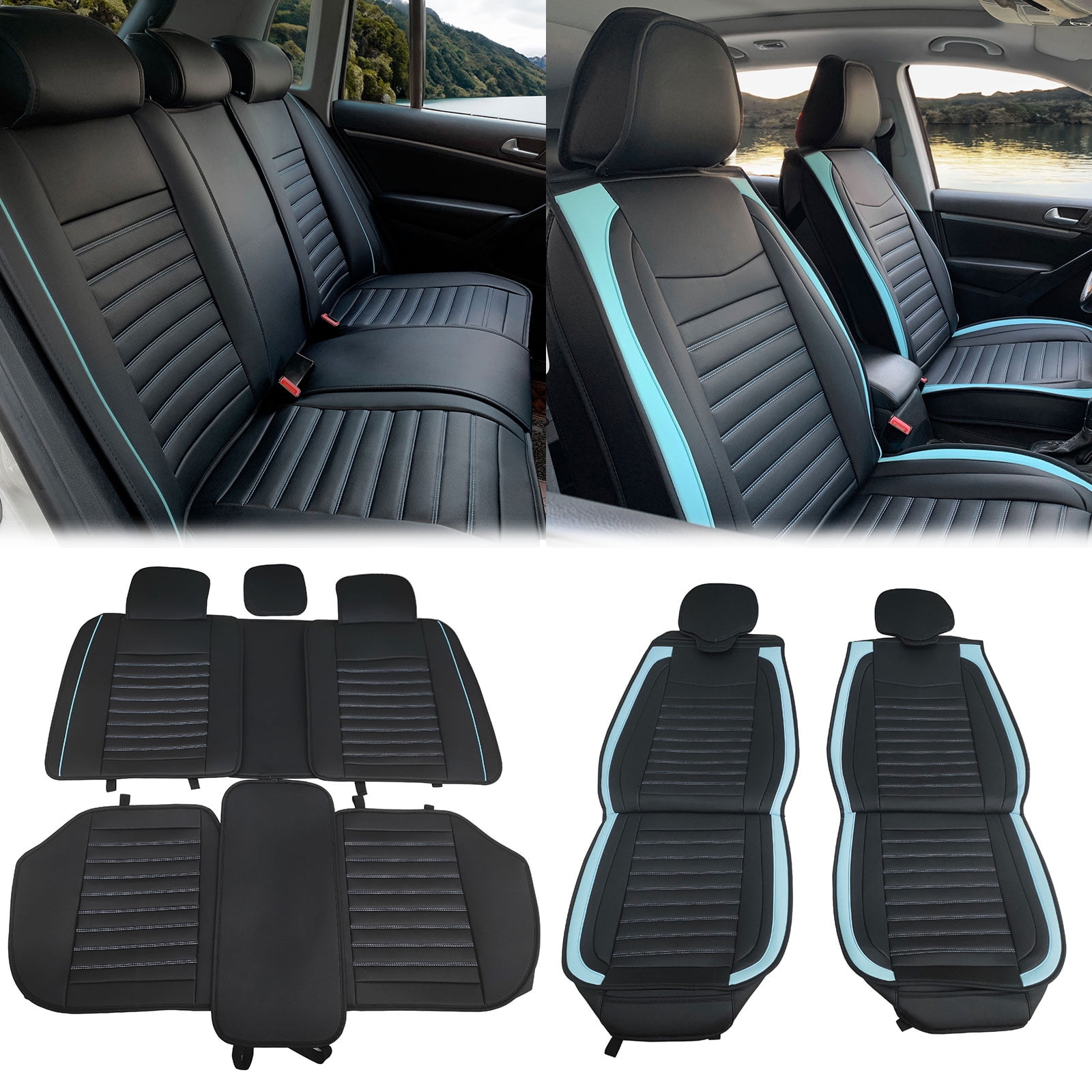 Ikon Motorsports Universal Car Seat Covers 02 Style Black + Blue Striped PU Leather Front & Back Row Auto Seat Cover Cushion Protectors 5 Seats Full Set