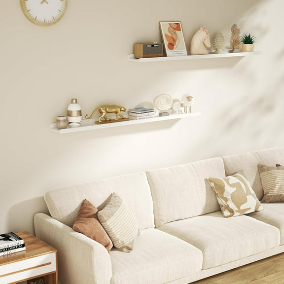 YANGLI Set of 2 Extra Long Floating Shelves - 48 Inch Large White Wood Wall Shelves for Rustic Farmhouse Storage & Display