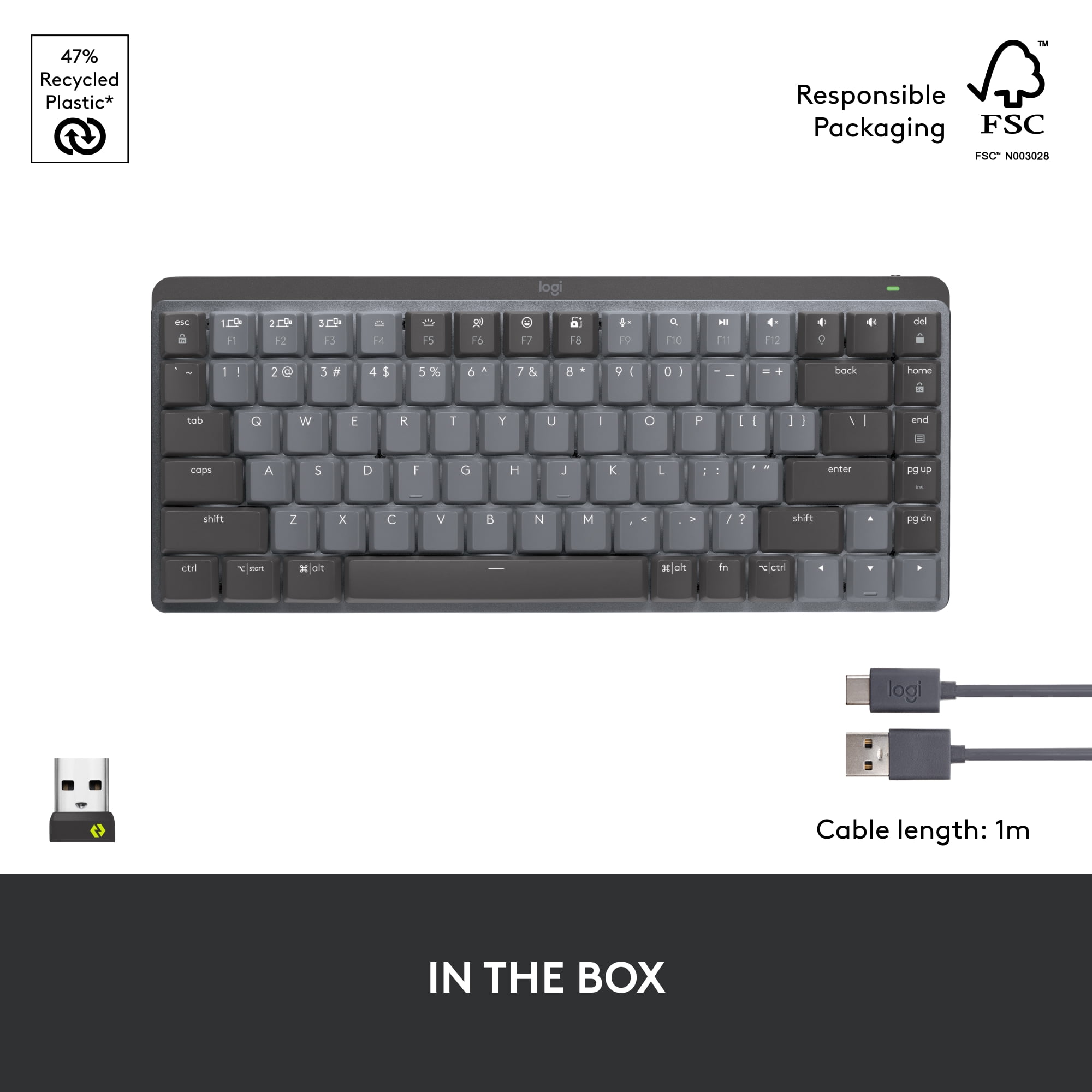 Logitech MX Mechanical Mini Wireless Illuminated Keyboard, Clicky Switches, Backlit, Bluetooth, USB-C, macOS, Windows, Linux, iOS, Android, Graphite