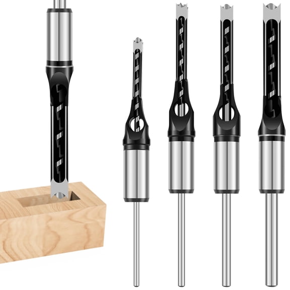 Square Hole Drill Bits 4 Piece High Speed Steel Mortising Chisel Set 1/4 5/16 3/8 1/2 inch