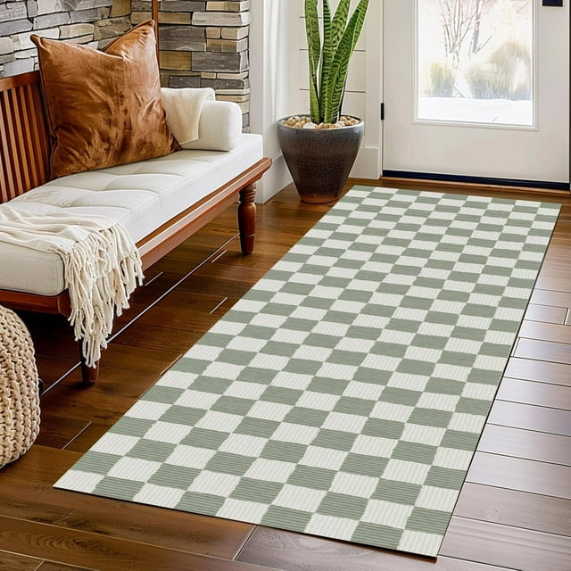 Washable Hallway Runner Rug 2' ×6' Sage Green Rug Checkered Geometry Neutral Line Non-Slip Soft Long Carpet Kitchen Entryway Bedroom Corridors Indoor