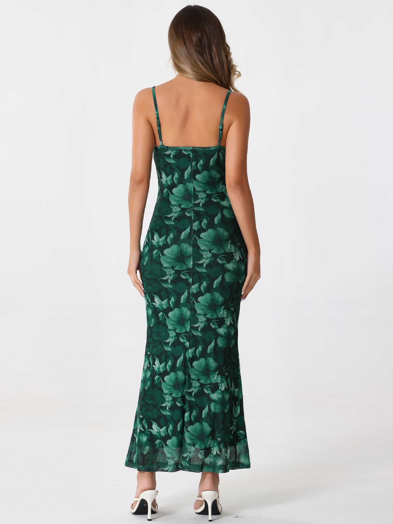 DARING DIVA Floral Maxi Spaghetti Strap Bodycon Dress L Dark Green