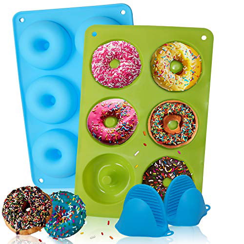 2, Blue and Green Bagels 2 Nonstick Silicone Donut Mold Pan for Baking Doughnuts cakes Bundle with 2 Silicone Heat Resistant Mini Oven Mitts or Pot Holder Gloves PAXARO 