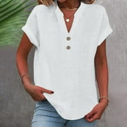 Cmfcve Linen Shirt for Women Summer Button Down Short Sleeve V Neck Tops Solid Color Comfy Blouses Casual Dressy Tunic Top