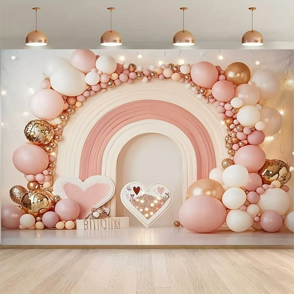 Rainbow Arch Wedding Backdrop Pink Glitter Heart Bridal Shower Photography Background Dreamy Pink White Balloon Engagement Wedding Party Decorations Banner Supplies Photo Booth Props