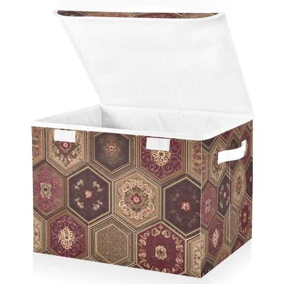 Foldable Fabric Storage Bin With Handle Collapsible Basket Box Storage With Lid Organizer Floral Motifs