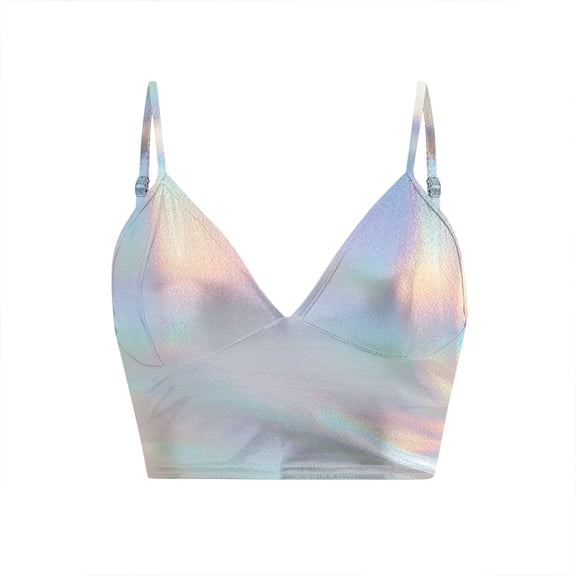 Wang6 Women's Cropped Spaghetti Strap Camisole Tops Sparkle PU Longline Bras Summer Sleeveless Sling Tank Tops White XXL