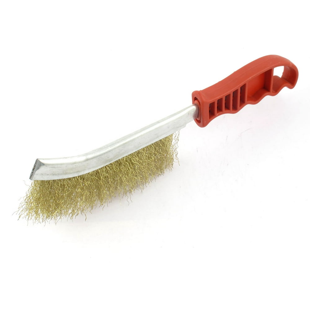 Unique Bargains 25cm Long Red Handle Gold Tone Steel Bristle Cleaning