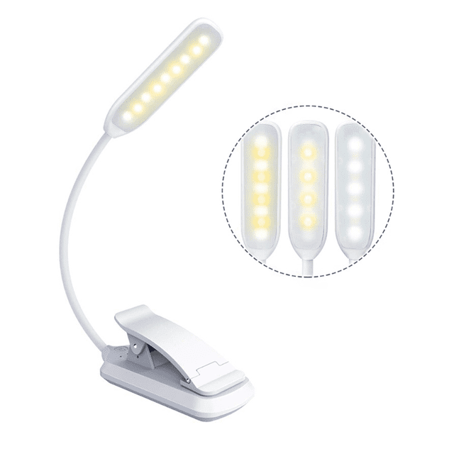Lámpara de lectura recargable blanca, luz de lectura con clip de 9 LED, atenuación continua y 3 modos de protección ocular (blanco frío y cálido), cuello flexible de 360°, indicador, larga duración de