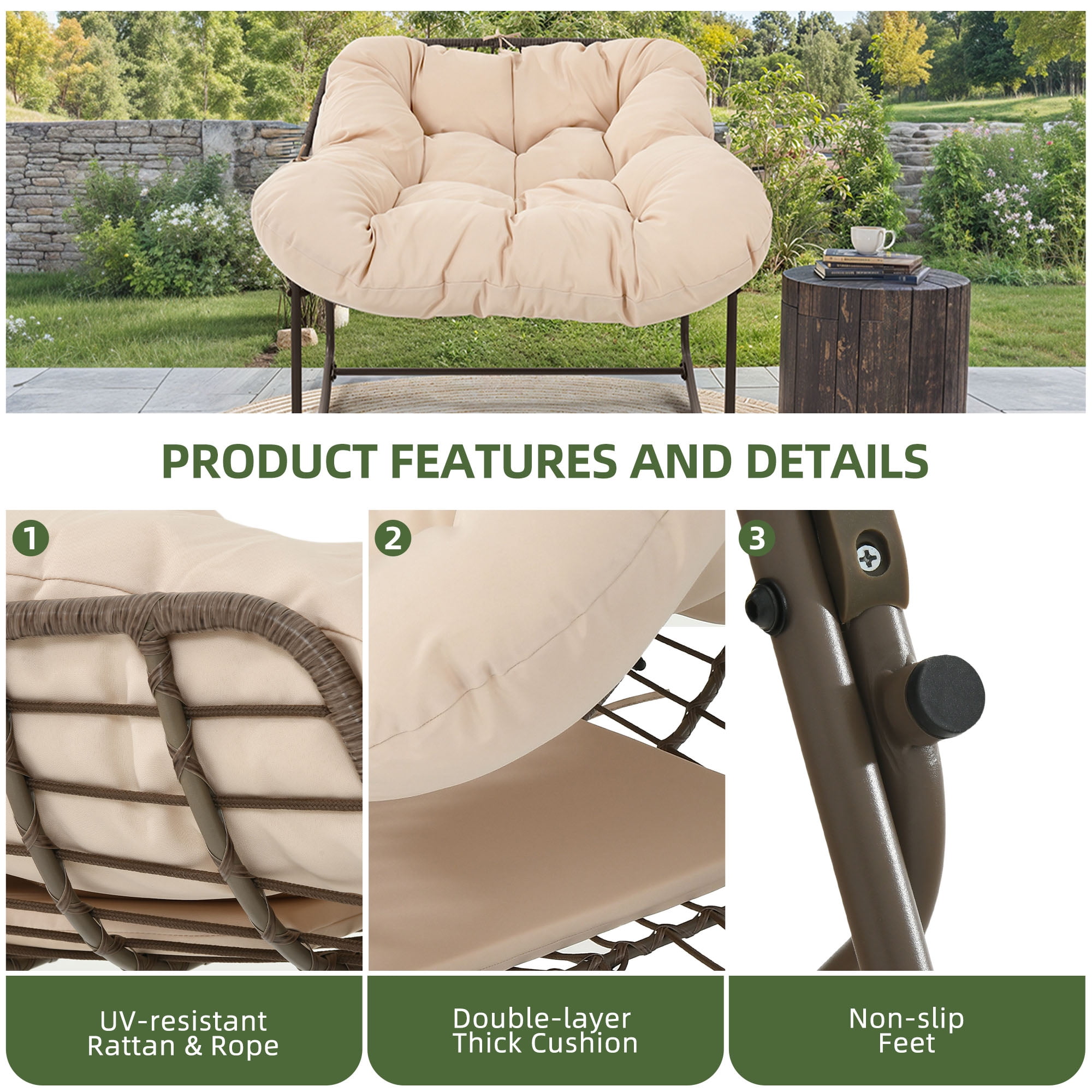 Uforic Outdoor Patio Papasan Rocking Chair with Thick Cushion,Oversized Rocking Chair - Beige