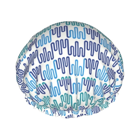 YFYANG Women's Double Waterproof Shower Cap, Blue Wavy Lines Reusable Hair Cap for All Hair Styles and Head Sizes