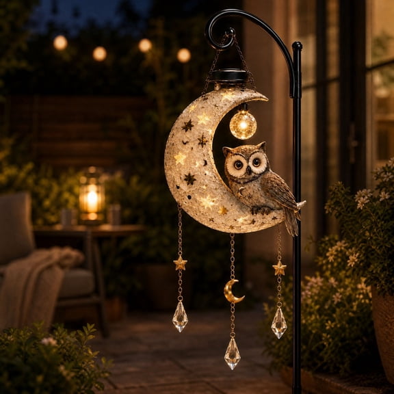 Solar Owl Moon Garden Light, Outdoor Iron Owl Figurine Hanging | Lantern for Patio Yard, Crystal Star Moon Pendant, Whimsical Tree Yard Patio Porch Garden Outdoor Decor(1pc)