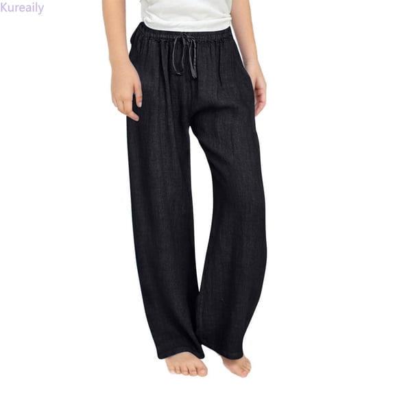 Kureaily Girls Casual Linen Pants Lightweight Summer Loose Fit Elastic Waist Plus Size Solid Long Trousers 4-5 Years