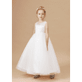 thumbnail image 2 of Floor length Flower Girl Dress with Detachable Beaded Waistband Scoop Neck Tulle Lace Princess Pageant Dress Birthday Party Dress for Girls Elegant Floral Design Special Occasion white 4 -5 Years, 2 of 9