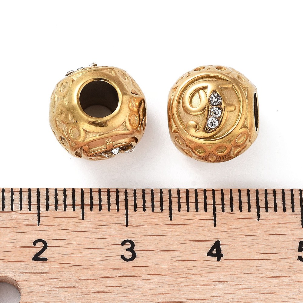 Ion Plating(IP) 304 Stainless Steel Rhinestone European Beads Round Large Hole Beads Real 18K Gold Plated Round with Letter Letter F 11x10mm