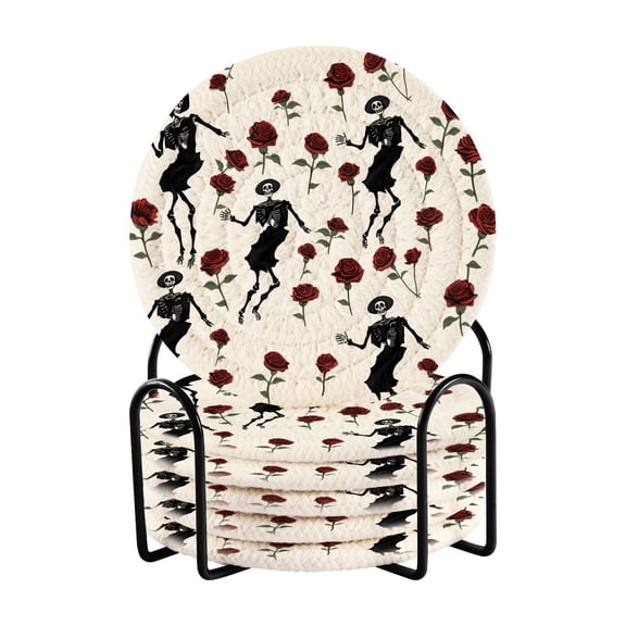 6 Pcs Skeletons Dancing with Roses Flowers Drink Coasters with Holder Absorbent Coaster Sets Cup Heat-Resistant Hot Pads Mats for Bar Table Protection
