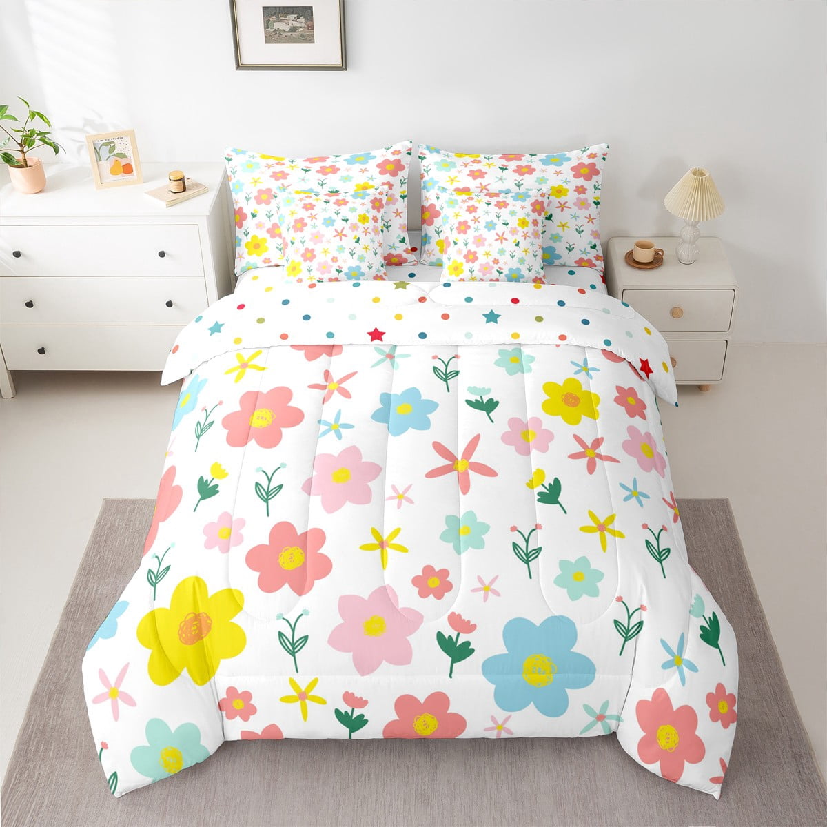 jejeloiu Kawaii Floral Daisy Bedding Comforter Set 7 Pieces,Botanical Flower Leaves Full Bedding Set,White Pink Yellow Fitted Sheet Flat Sheet For Girls,Breathable Bedroom Decor Reversible