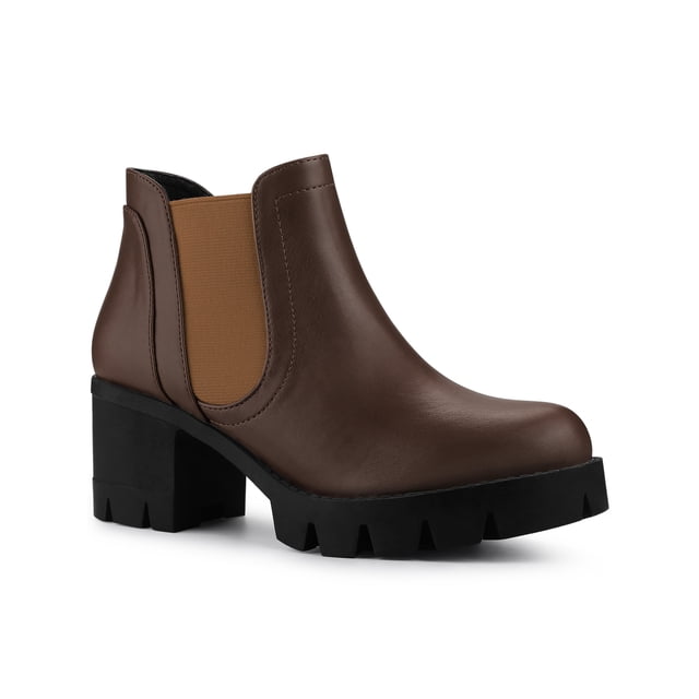 Unique Bargains Bottines Chelsea à Talon Épais Semelle Crantée pour Femmes Café (Taille 8.5)