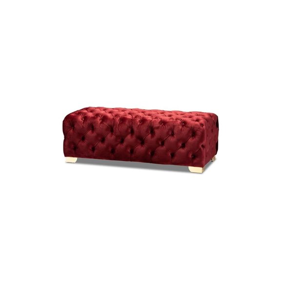 Burgundy Velvet Upholstered Bench Ottoman - Gold Finished, Tufted Design