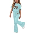 thumbnail image 2 of Amidoa Girls Summer 2 Piece Outfits Kids Print Short Sleeve and Pants Casual Clothing Sets Mint Green Size 5T, 2 of 7