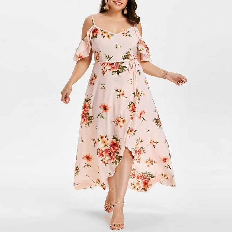Chiffon Cold Shoulder V Neck Printing Maxi Floral Dresses Chiffon Cold Shoulder V Neck Printing Maxi Floral Dresses